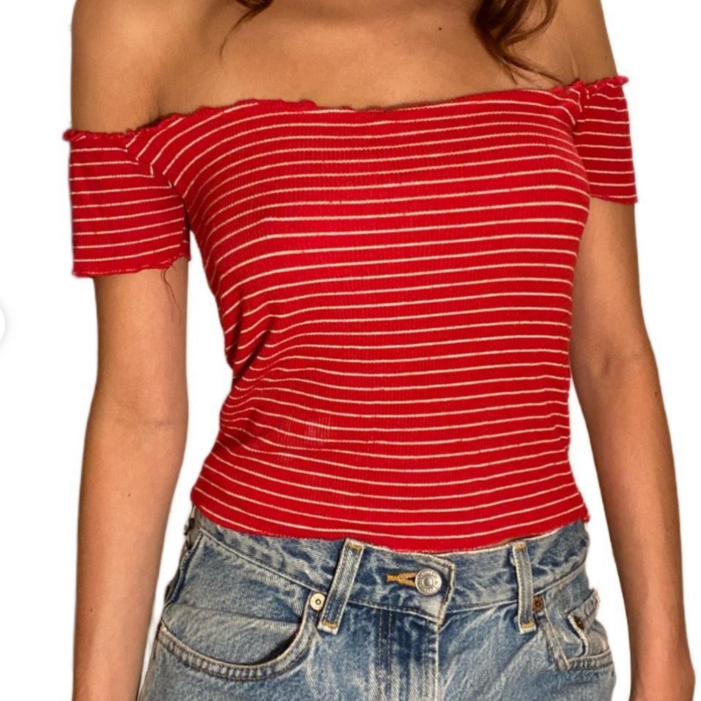Brandy Melville Off the Shoulder Red and White Striped Top